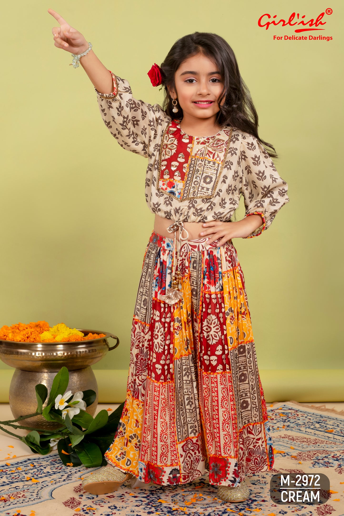 Crop top with sharara set in pure muslin for girls