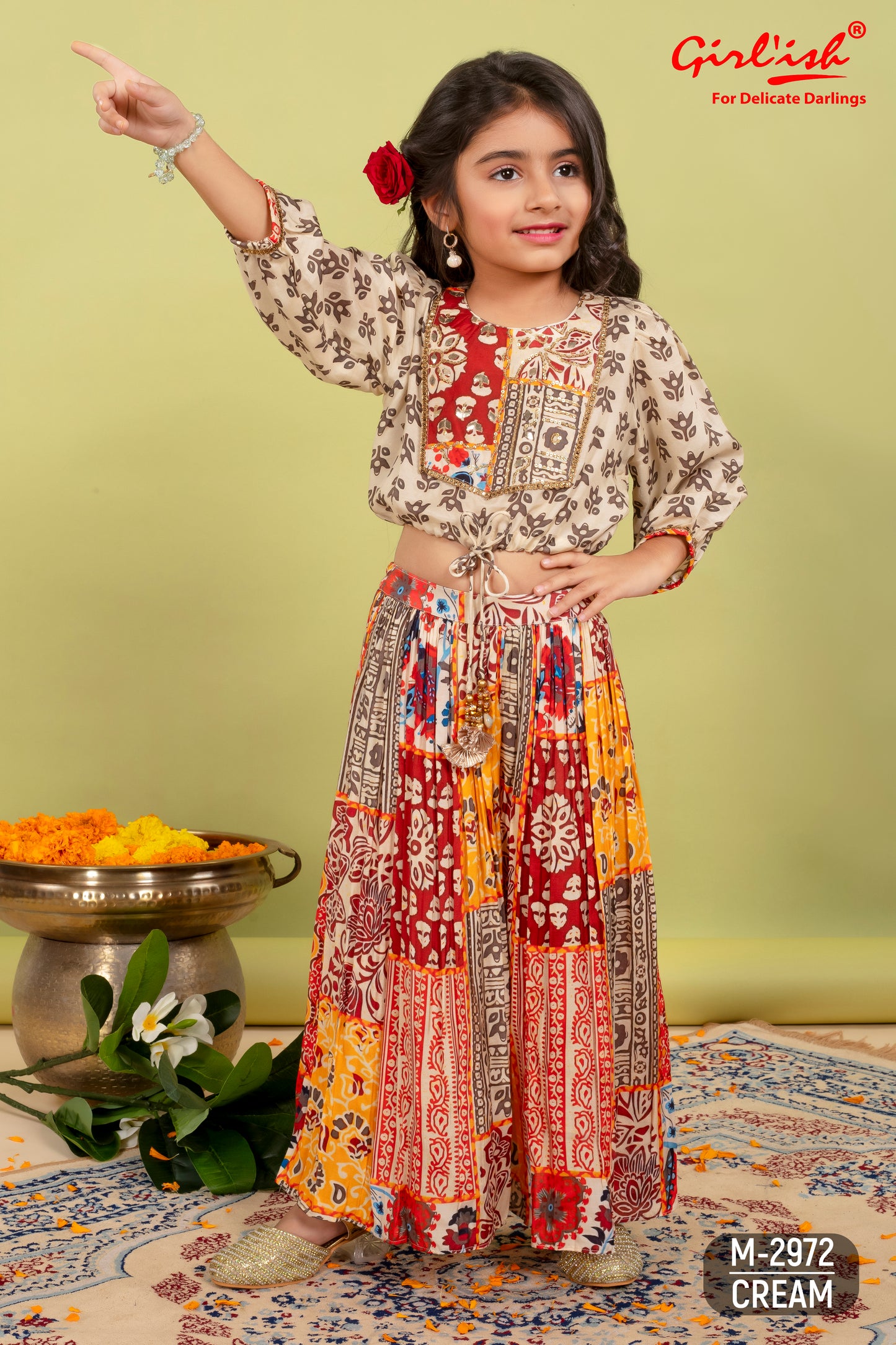 Crop top with sharara set in pure muslin for girls