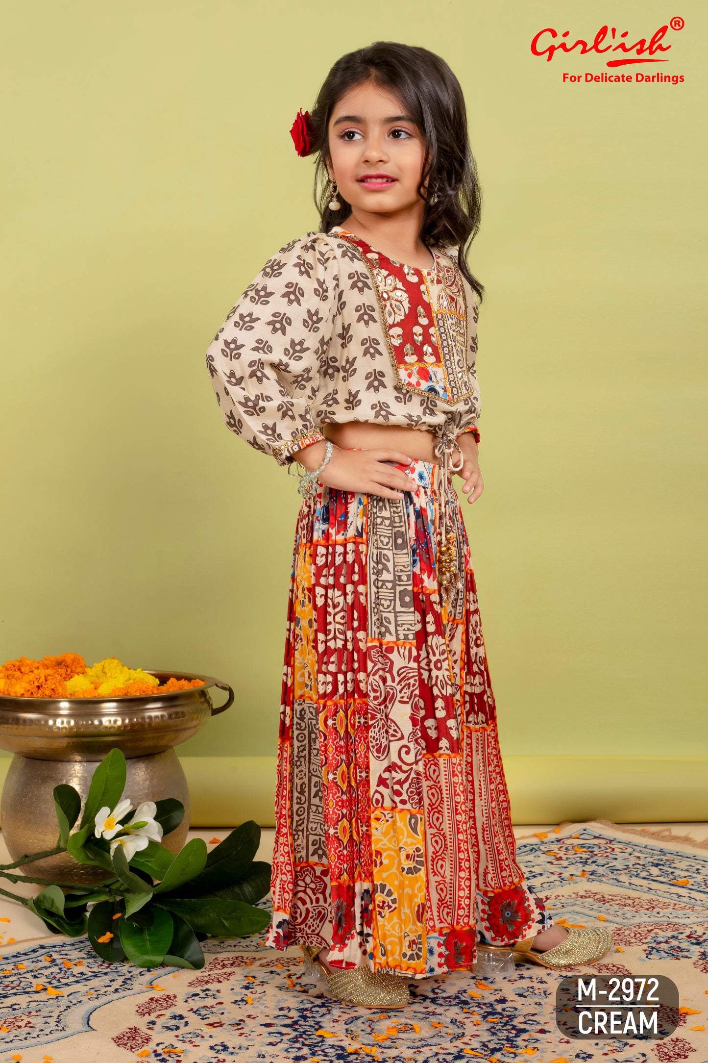 Crop top with sharara set in pure muslin for girls