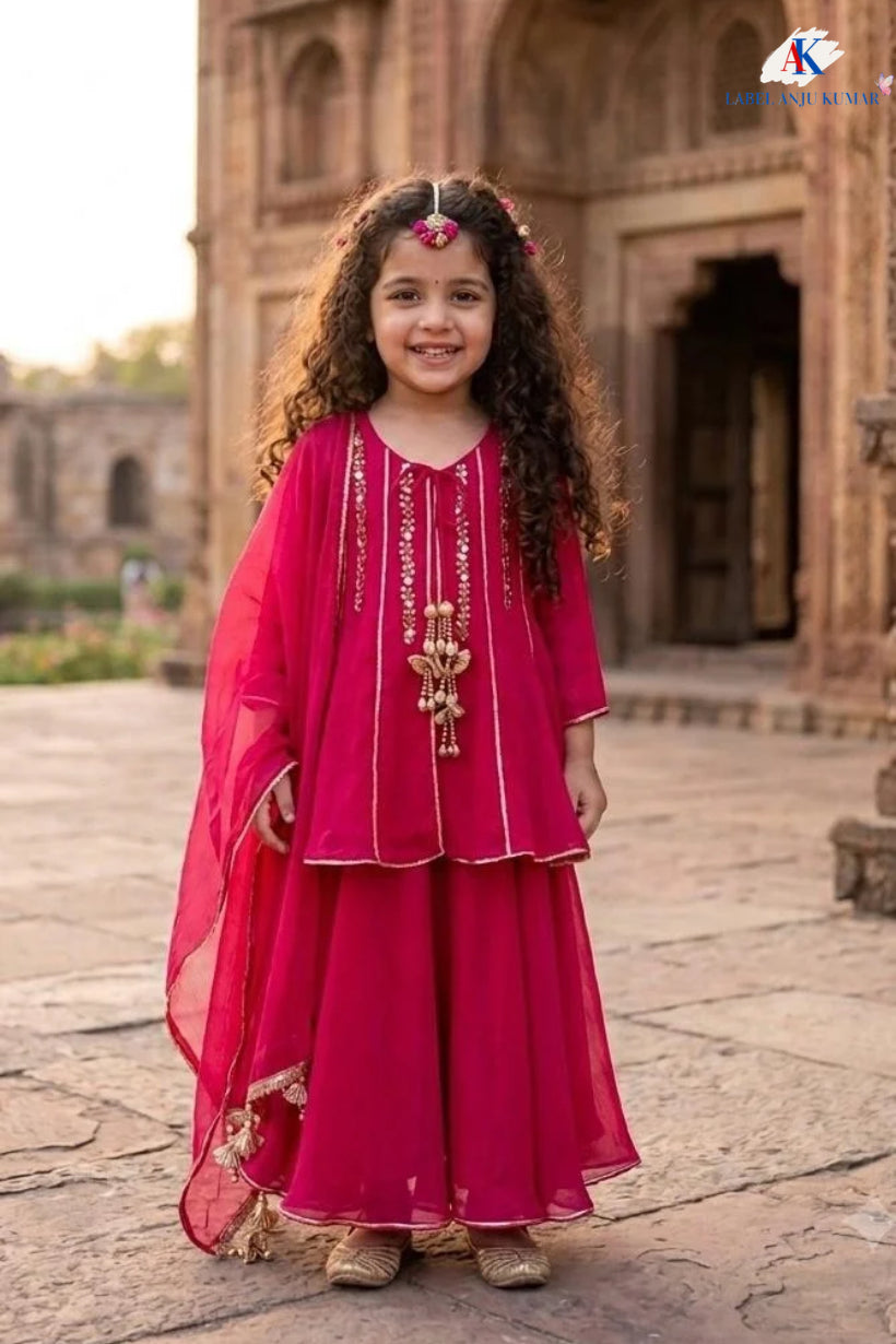 Magenta Pure Chinon Baby Girl Anarkali Sharara Suit with Dupatta
