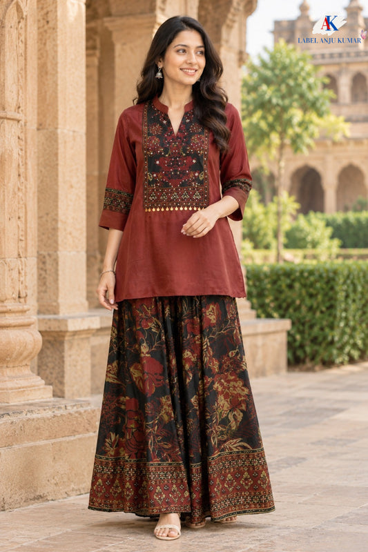 Maroon Pure Crepe Digital Print Co-ord Set with Stone Work
