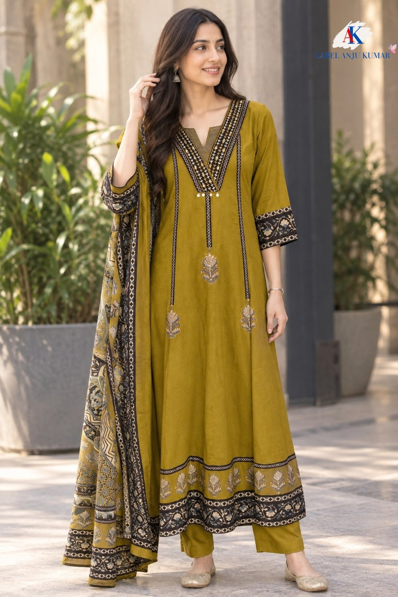 Brown Pure Cotton Anarkali Suit with Patchwork & Coordinated Cotton Dupatta