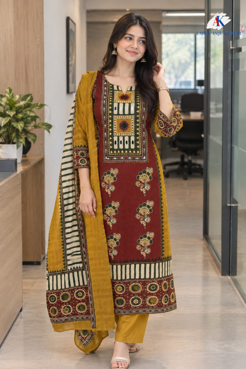 Mustard Pure Cotton A-Line Suit with Mirror Work & Printed Dupatta