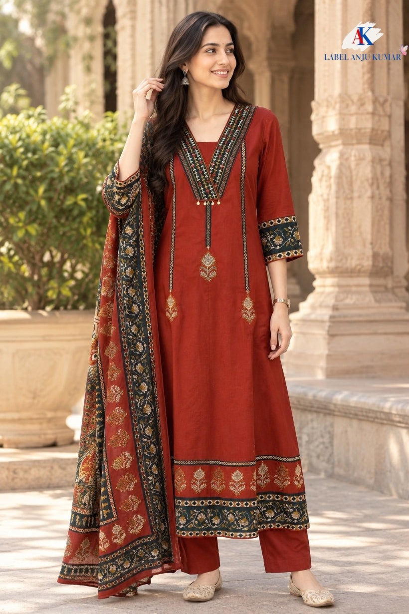 Brown Pure Cotton Anarkali Suit with Patchwork & Coordinated Cotton Dupatta