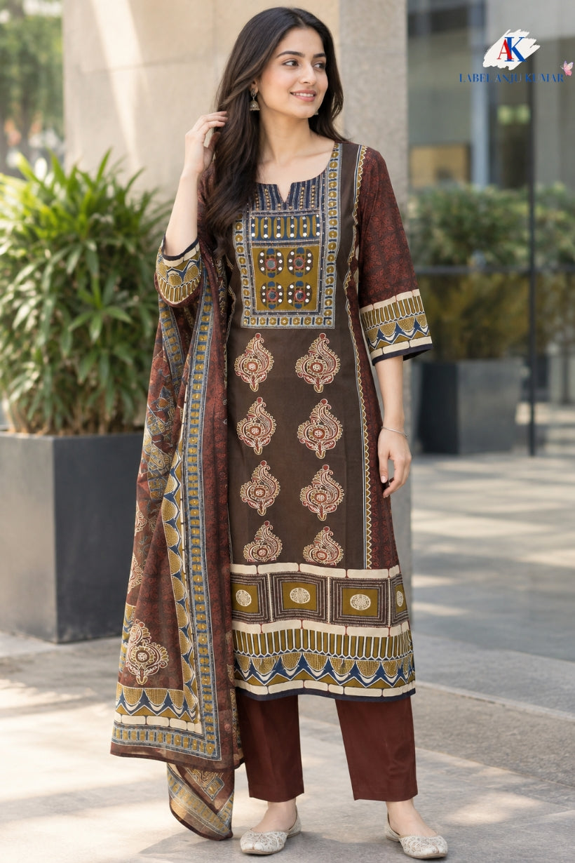 Rust Pure Cotton Pakistani-Style A-Line Suit Set with Printed Dupatta