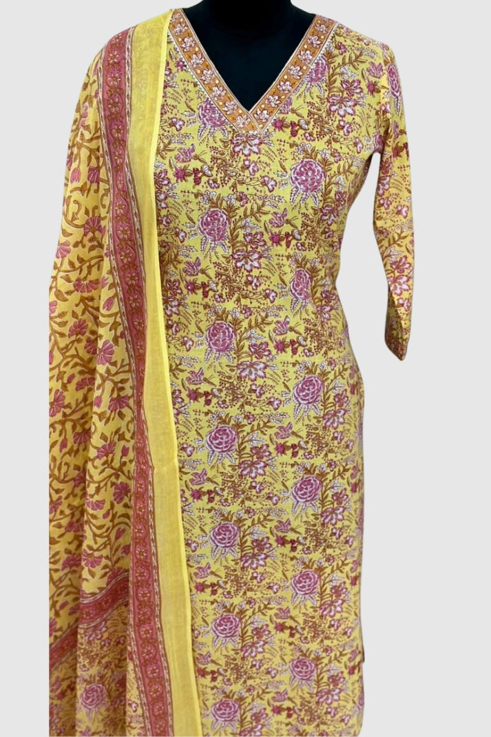 Lemon Cotton Straight Suit & Dupatta Set with V-Neckline | Label Anju Kumar