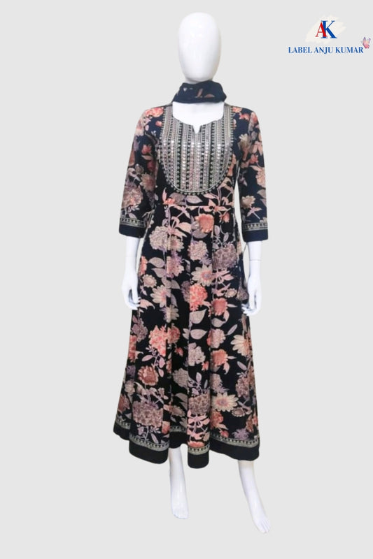 Black Cotton Embroidered Anarkali Suit Dupatta Set – Elegant Women’s Ethnic Wear