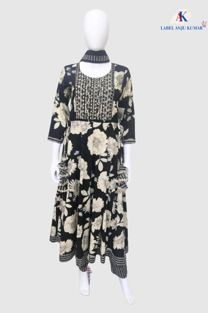 Black Cotton Embroidered Anarkali Suit Dupatta Set – Elegant Women’s Ethnic Wear