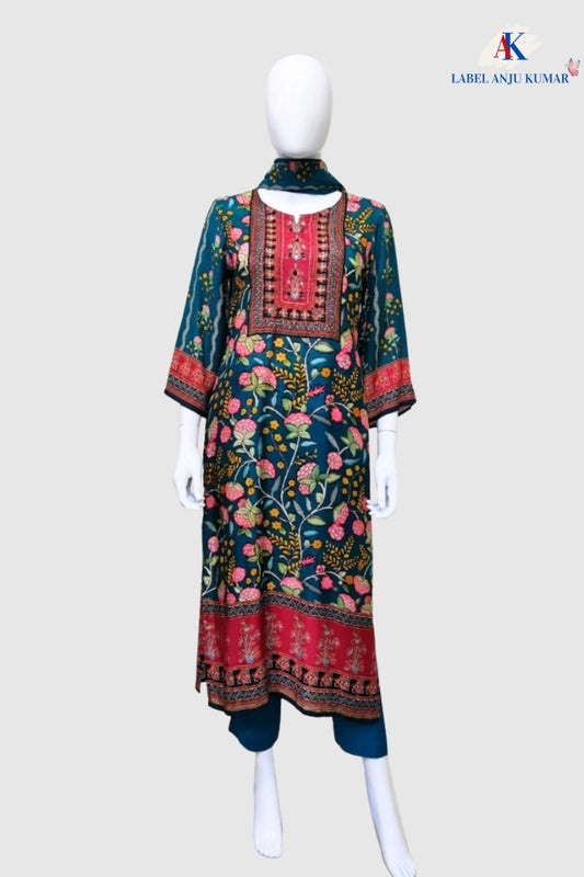 Green Pure Muslin Printed Straight Suit Dupatta Set – Elegant Women’s Ethnic Wear