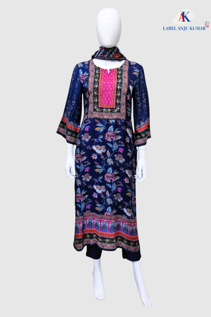 Navy Pure Muslin Printed Straight Suit Dupatta Set – Stylish Women’s Ethnic Wear