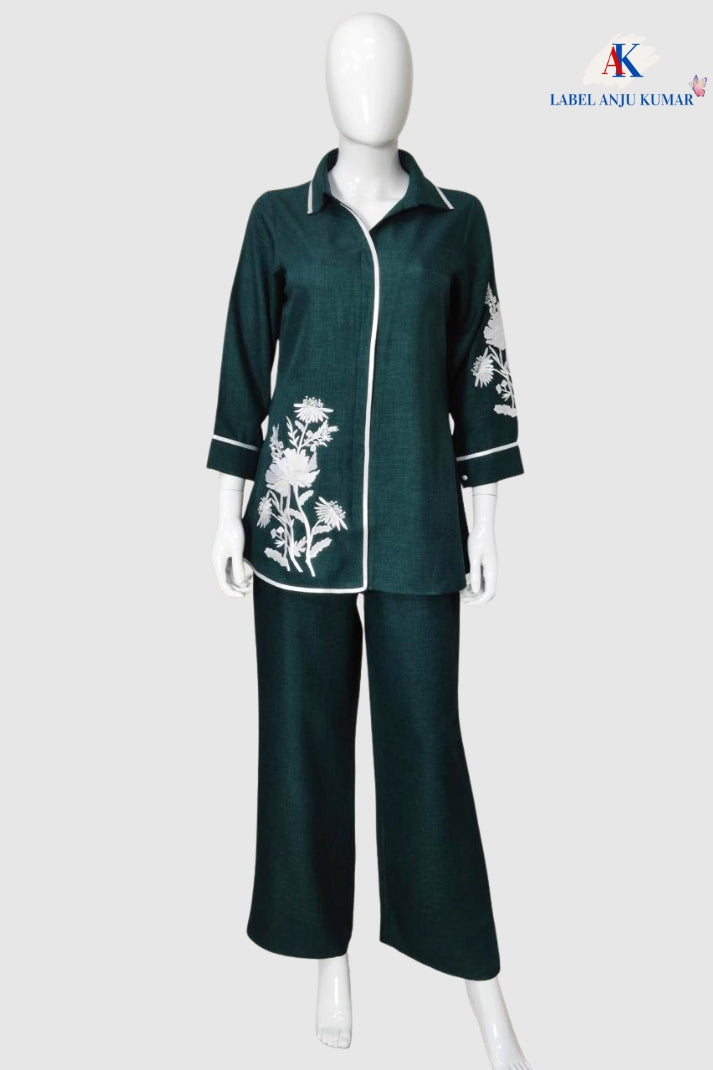 Green Cotton Lilen Coord Set with Collar Style & Thread Work | Label Anju Kumar