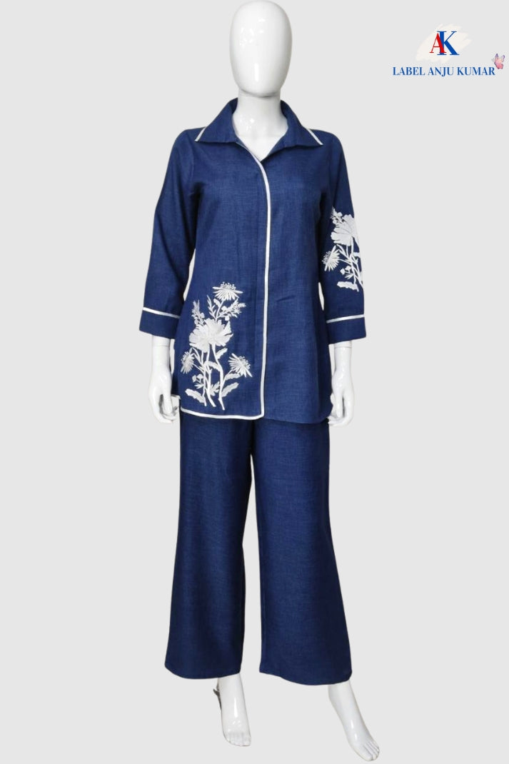 Denim Blue Cotton Lilen Coord Set with Collar Style & Thread Work | Label Anju Kumar