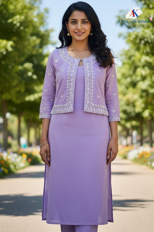 Mauve Pure Cotton Coord Set with Short Shrug & Thread Embroidery | Label Anju Kumar