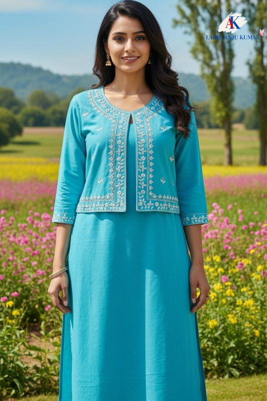 Ferozi Sky Pure Cotton Coord Set with Short Shrug & Thread Embroidery | Label Anju Kumar