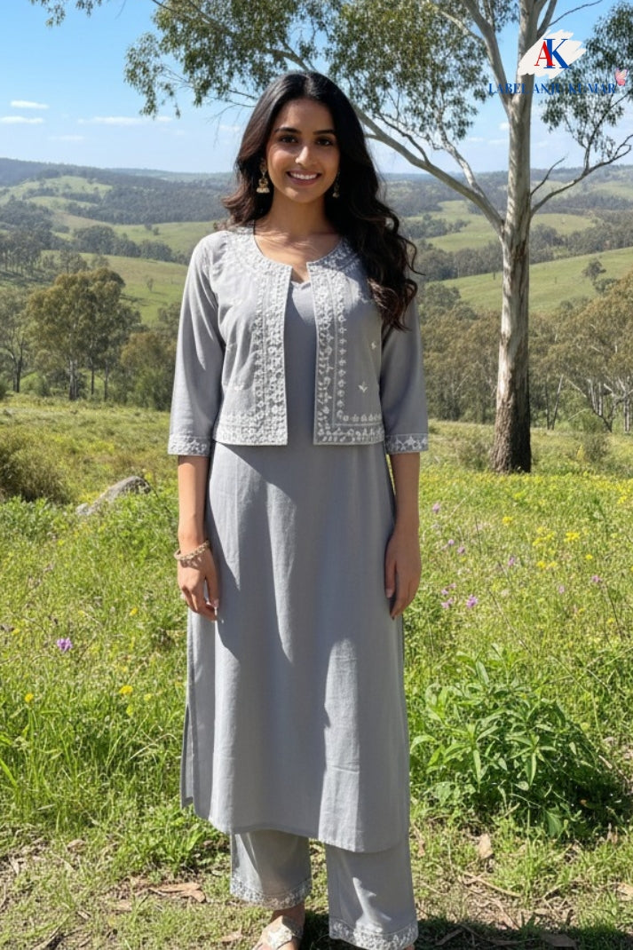 Grey Pure Cotton Coord Set with Short Shrug & Thread Embroidery | Label Anju Kumar