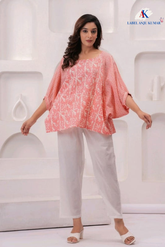 Peach Printed Cotton Short Kurti ( LOOSE FIT ) | Label Anju Kumar