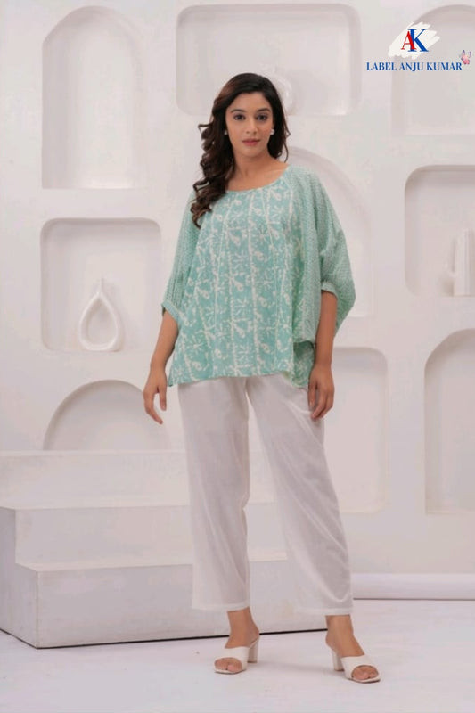 Sky Printed Cotton Short Kurti loose fit  | Label Anju Kumar
