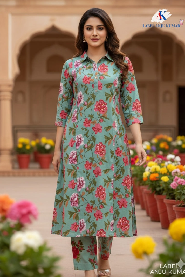 Sky Blue Pure Cotton Printed Collar Style Coord Set | Label Anju Kumar