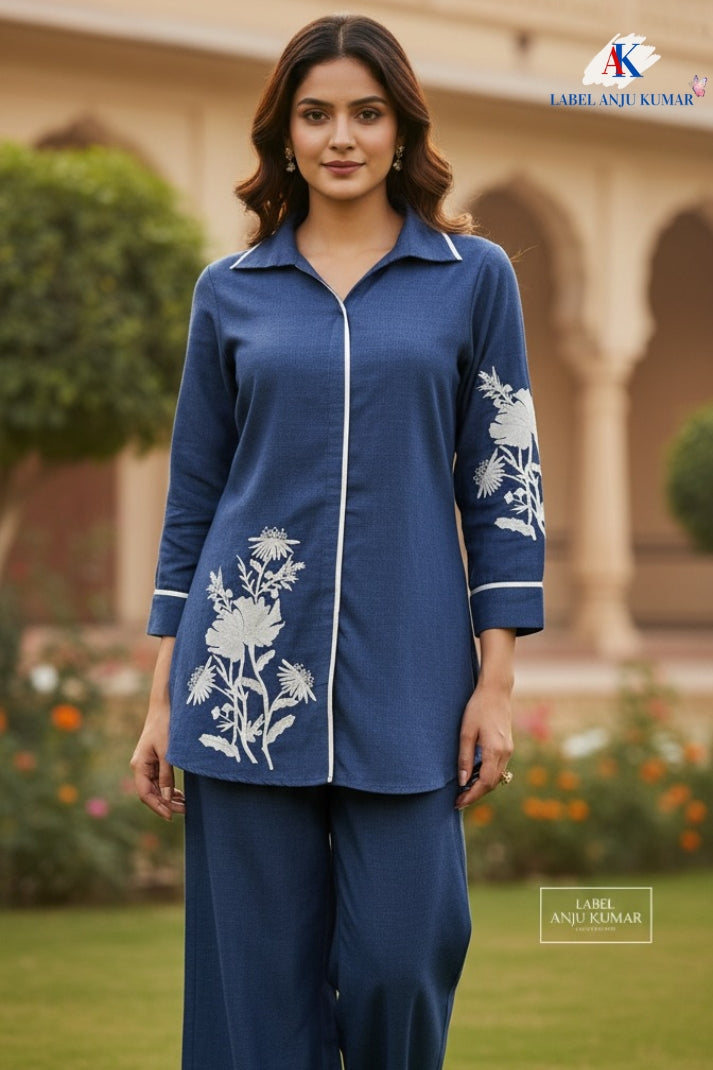 Denim Blue Cotton Lilen Coord Set with Collar Style & Thread Work | Label Anju Kumar