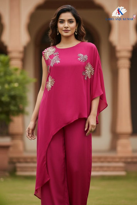Majenta Chinon Coord Set with Hand Work & Straight Trousers | Label Anju Kumar