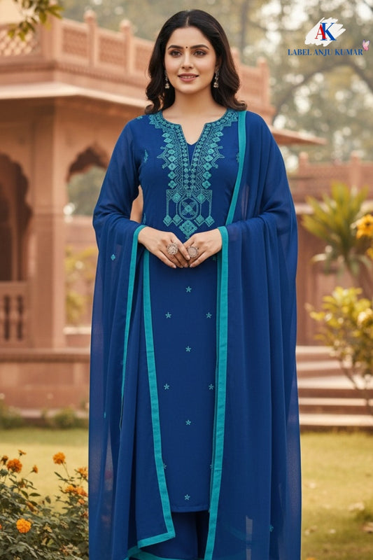 Royal Blue Georgette Embroidered Straight Suit Dupatta Set – Semi Formal Ethnic Wear