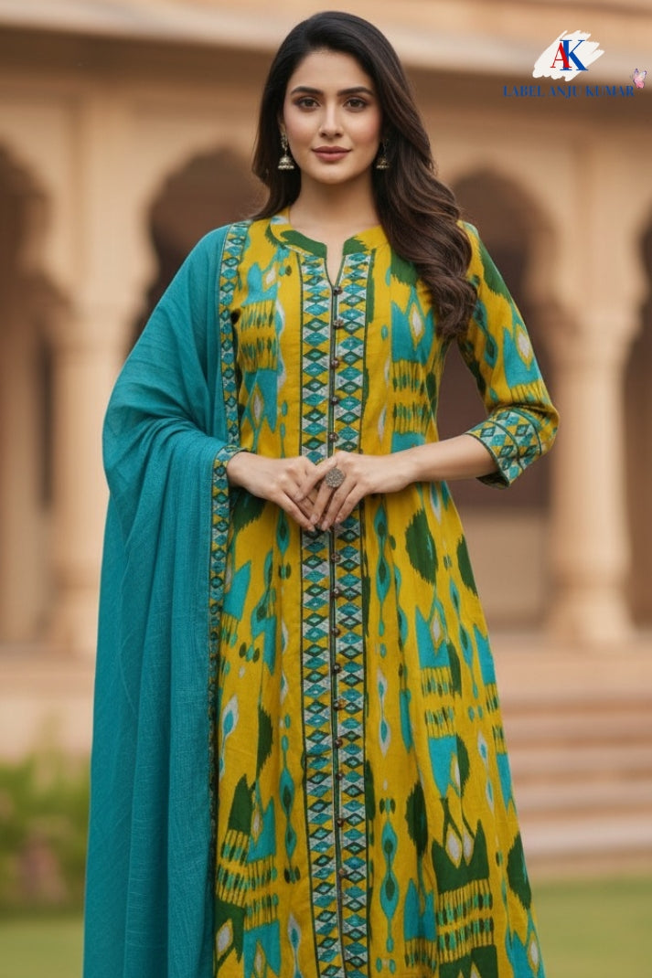 Green Cotton Embroidered Anarkali Suit Dupatta Set – Elegant Women’s Ethnic Wear