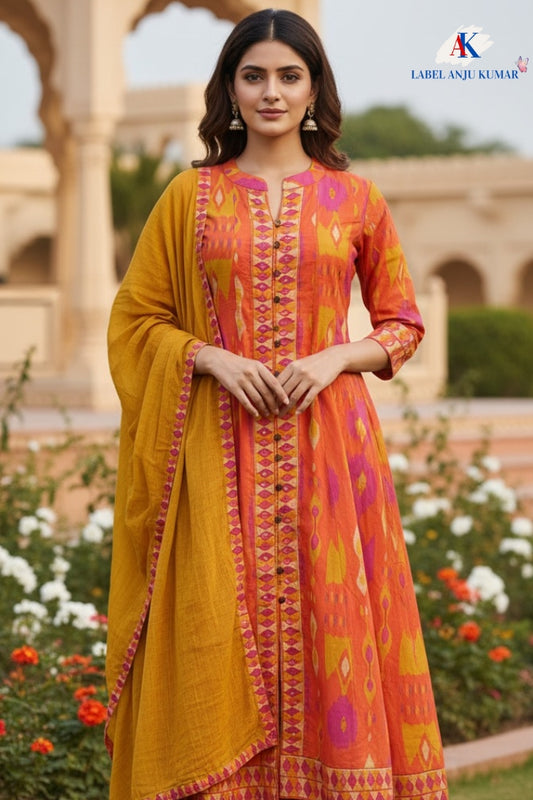 Rust Cotton Embroidered Anarkali Suit Dupatta Set – Traditional Women’s Ethnic Wear