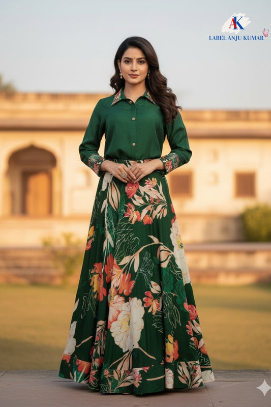 Green Silk Printed Lehenga with Hand-Embroidered Collar Shirt – Party Wear Women’s Ethnic Outfit