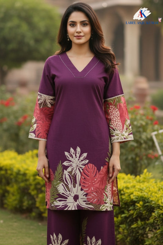 Wine Pure Cotton Coord Set for Women | V-Neck Kurti with Dori Work | Ethnic Wear Set | M to 3XL