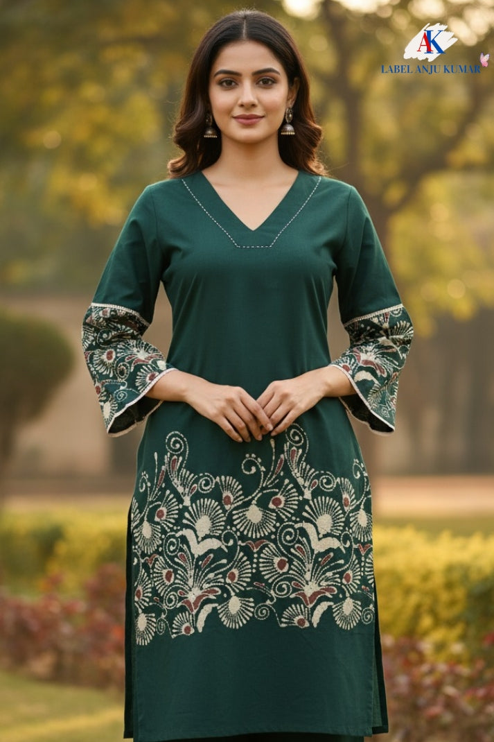 Green Pure Cotton Coord Set for Women | V-Neck Kurti with Dori Work | Ethnic Wear Set | M to 3XL