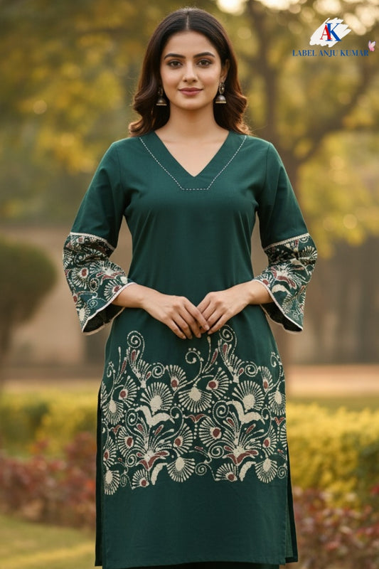 Green Pure Cotton Coord Set for Women | V-Neck Kurti with Dori Work | Ethnic Wear Set | M to 3XL