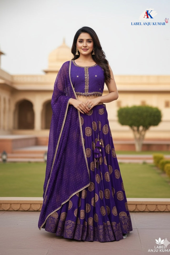 Purple Chinon Silk Hand-Embroidered Lehenga Choli Dupatta Set – Elegant Party Wear Ethnic Outfit