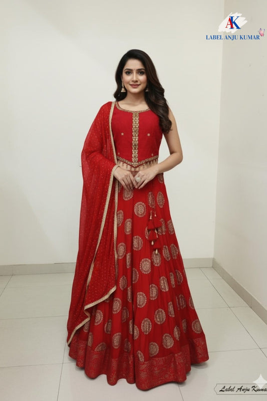 Red Chinon Silk Hand-Embroidered Lehenga Choli Dupatta Set – Party Wear Women’s Ethnic Outfit