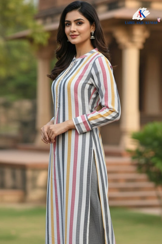 Grey Stripes Printed South-Cotton Coord Set with Straight Pants | Label Anju Kumar