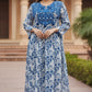 White & Blue Printed Cotton Coord Set with Thread Work on Neck Yoke | Label Anju Kumar