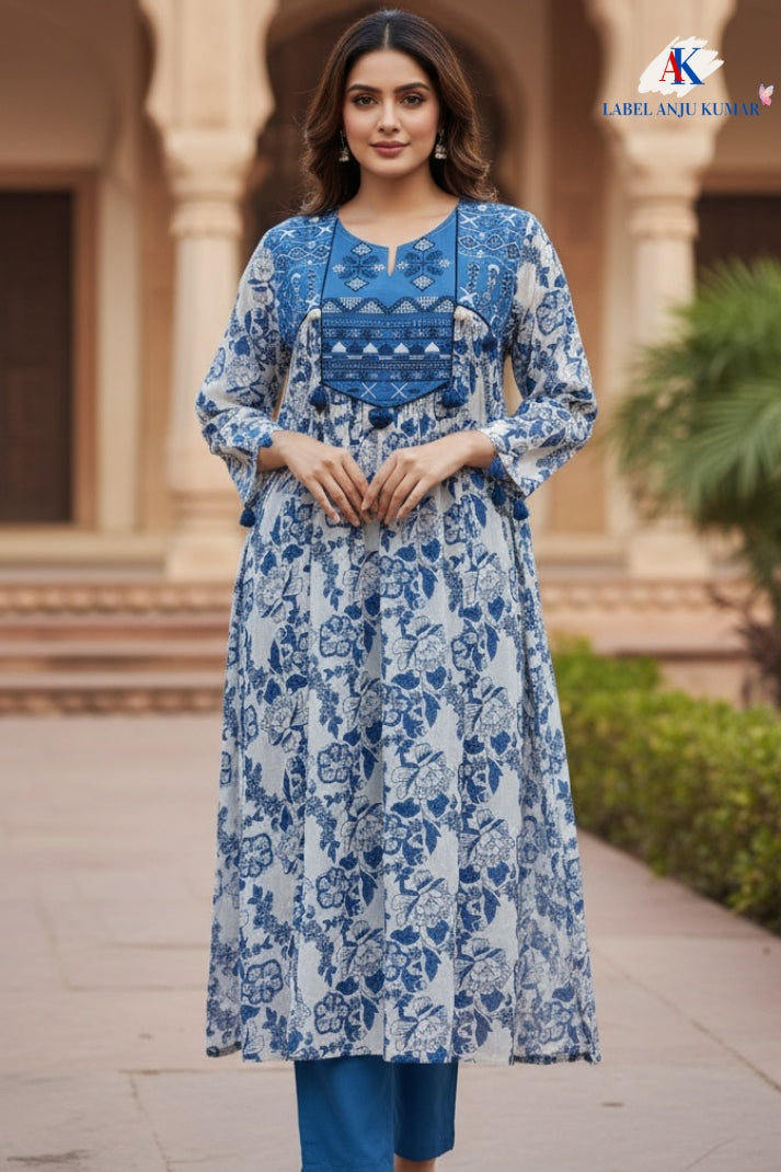 White & Blue Printed Cotton Coord Set with Thread Work on Neck Yoke | Label Anju Kumar