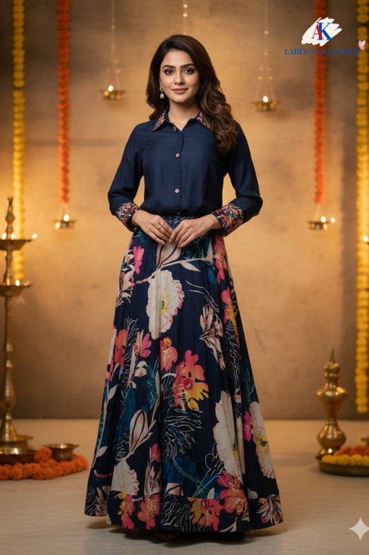 Navy Silk Printed Lehenga with Hand-Embroidered Collar Shirt – Party Wear Women’s Ethnic Outfit