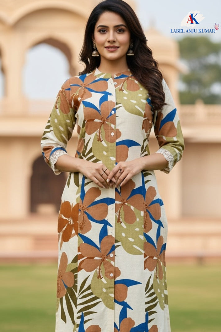 Printed A-Line Kurti with Pockets | Soft Khadi Cotton Ethnic Wear (M–5XL)