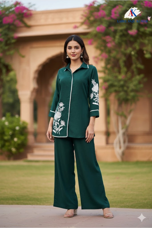 Green Cotton Lilen Coord Set with Collar Style & Thread Work | Label Anju Kumar