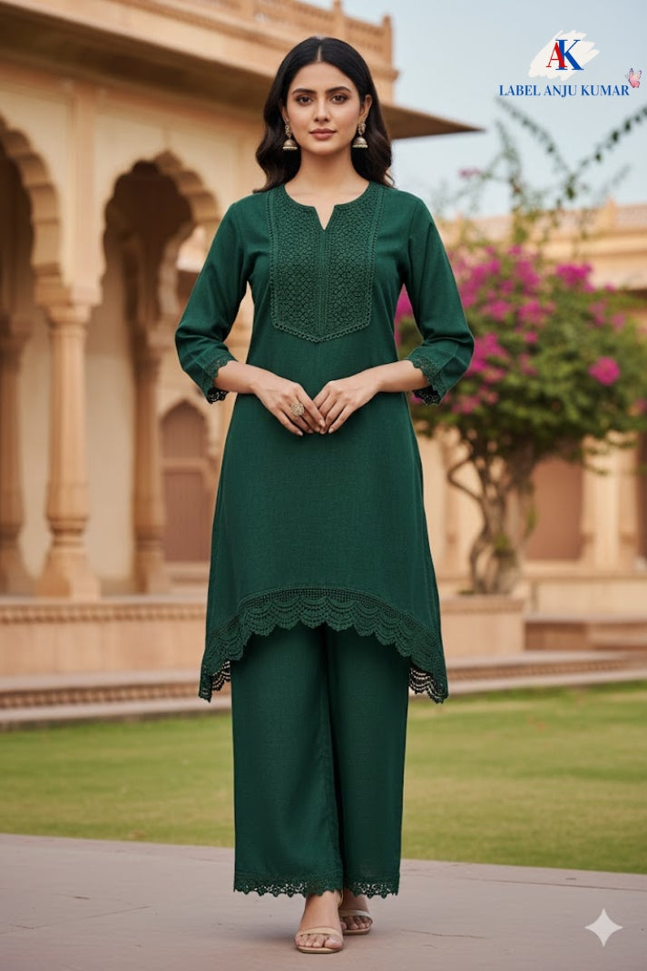 Green Cotton Lilen Coord Set with Round Neck & Lace Detailing | Label Anju Kumar
