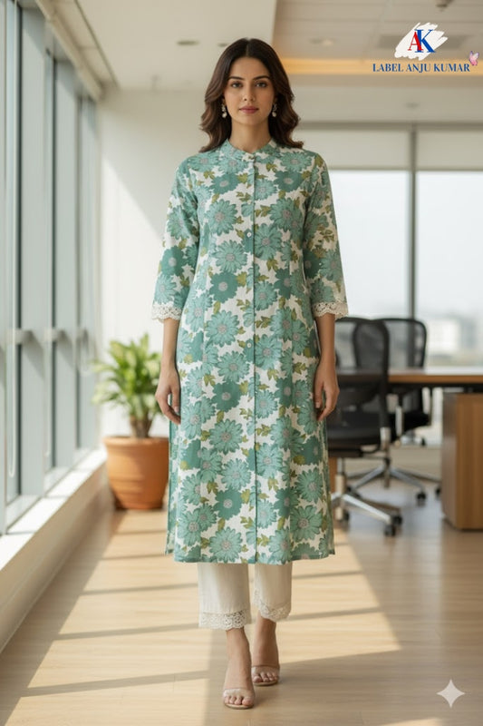 Green Khadi Cotton A-Line Kurti with Pockets & Lace Sleeve Detailing | Label Anju Kumar