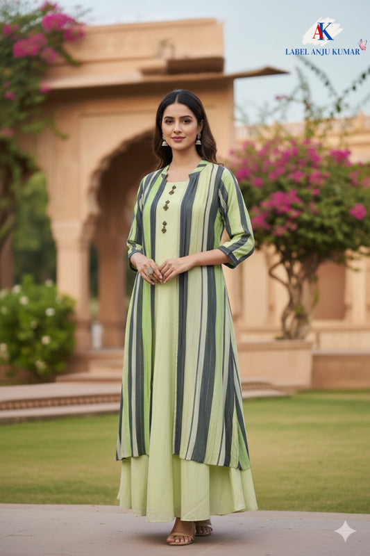 Sea Green Plain Kurti with Printed Stripes Shrug (Georgette) | Label Anju Kumar