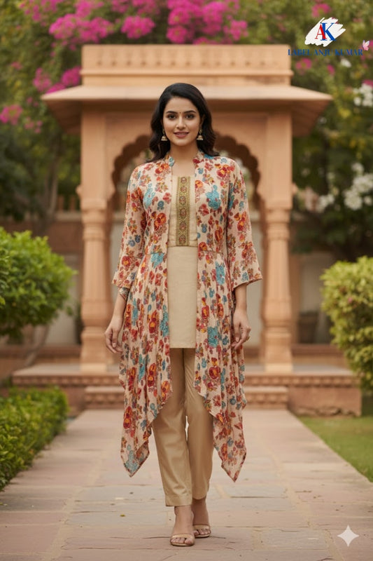 Pink Muslin Embroidered Crop Top Trouser & Jacket Set – Semi Formal Women’s Ethnic Wear