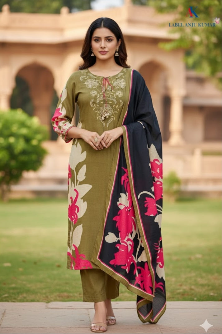 Mehendi Green Muslin Printed Straight Suit Dupatta Set – Semi Formal Women’s Ethnic Wear