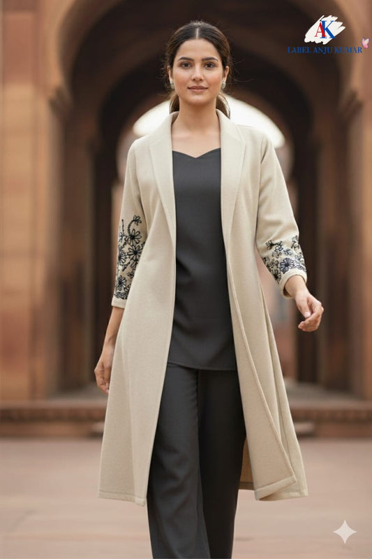 Cream Woollen 3-Piece Winter Set with Tweed Handwork Jacket – Women’s Ethnic Wear