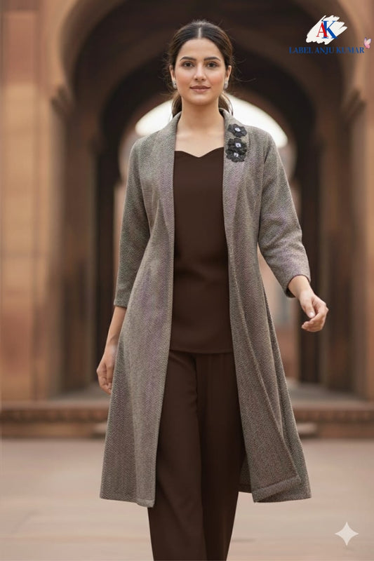 Brown Woollen 3-Piece Winter Dress Set with Tweed Jacket – Women’s Ethnic Wear