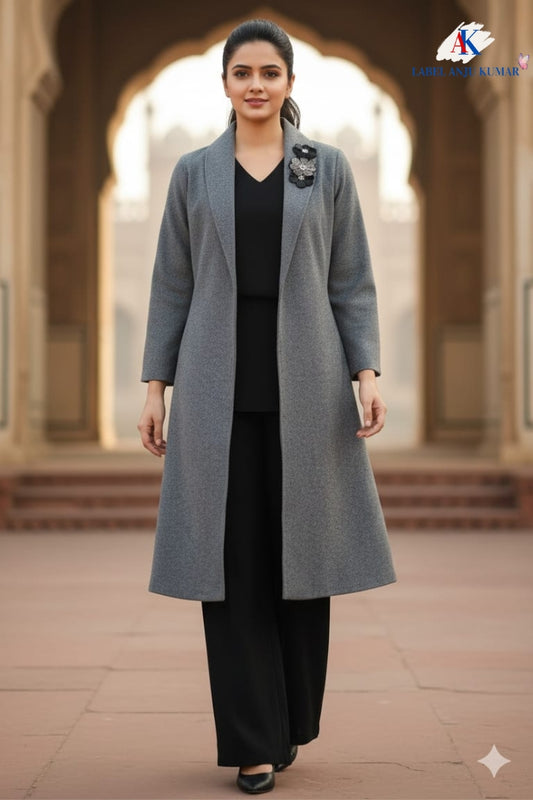 Grey Woollen 3-Piece Winter Dress Set with Tweed Long Jacket – Women’s Winter Ethnic Wear