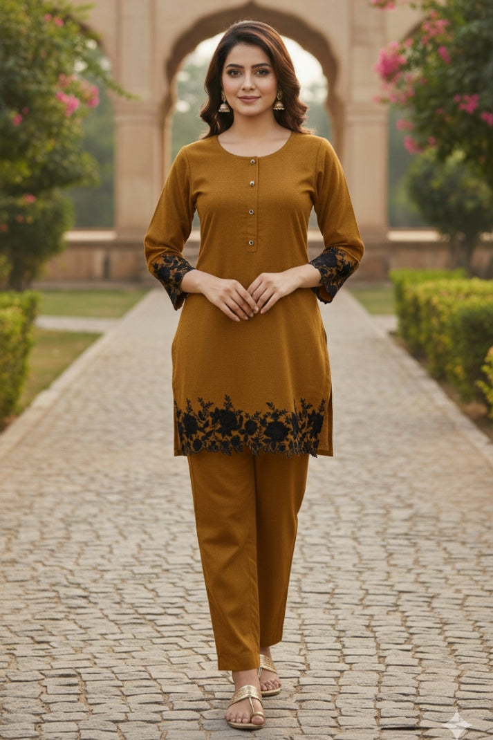 Mustard Woollen Coord Set with Thread Embroidery – Cozy & Stylish Winter Ethnic Wear | Label Anju Kumar