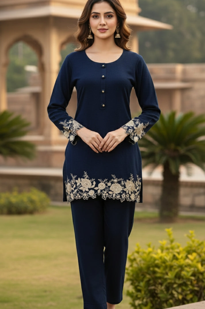 Navy Blue Woollen Coord Set with Thread Embroidery – Warm Women’s Ethnic Wear | Label Anju Kumar