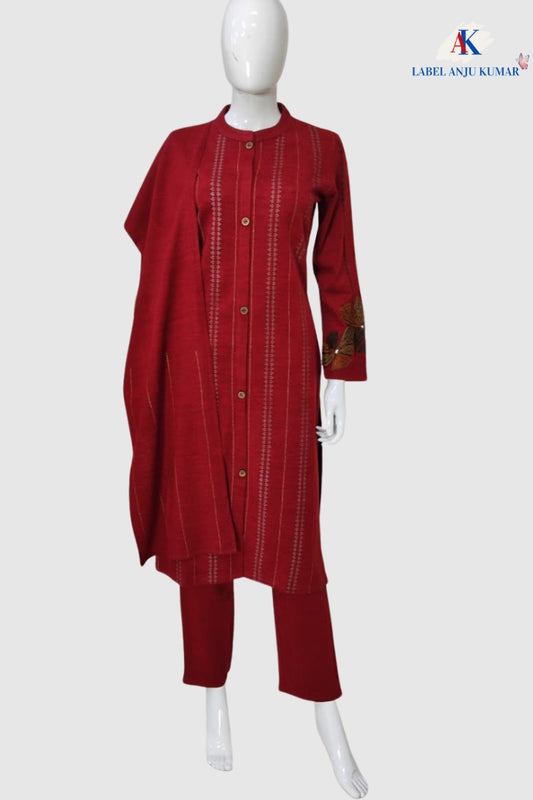 Red Woollen Embroidered Suit Dupatta Set – Winter Ethnic Wear | Label Anju Kumar